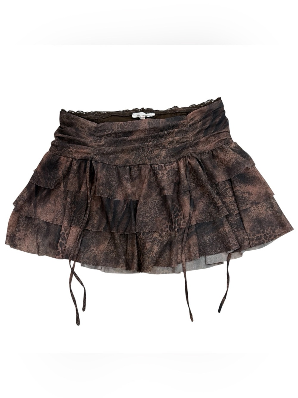 Bear Dance Brown Snake Print Layered Ruffle Skort Mini Skirt Lace Trim Medium